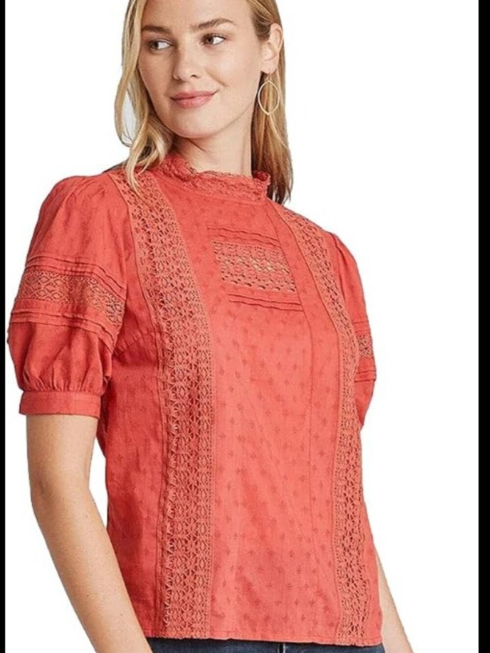 Women's Brick Red Cotton Lace-Trim Puff Sleeve Top M
